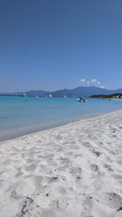 A serene private beach with turquoise waters and a luxury yacht anchored offshore.