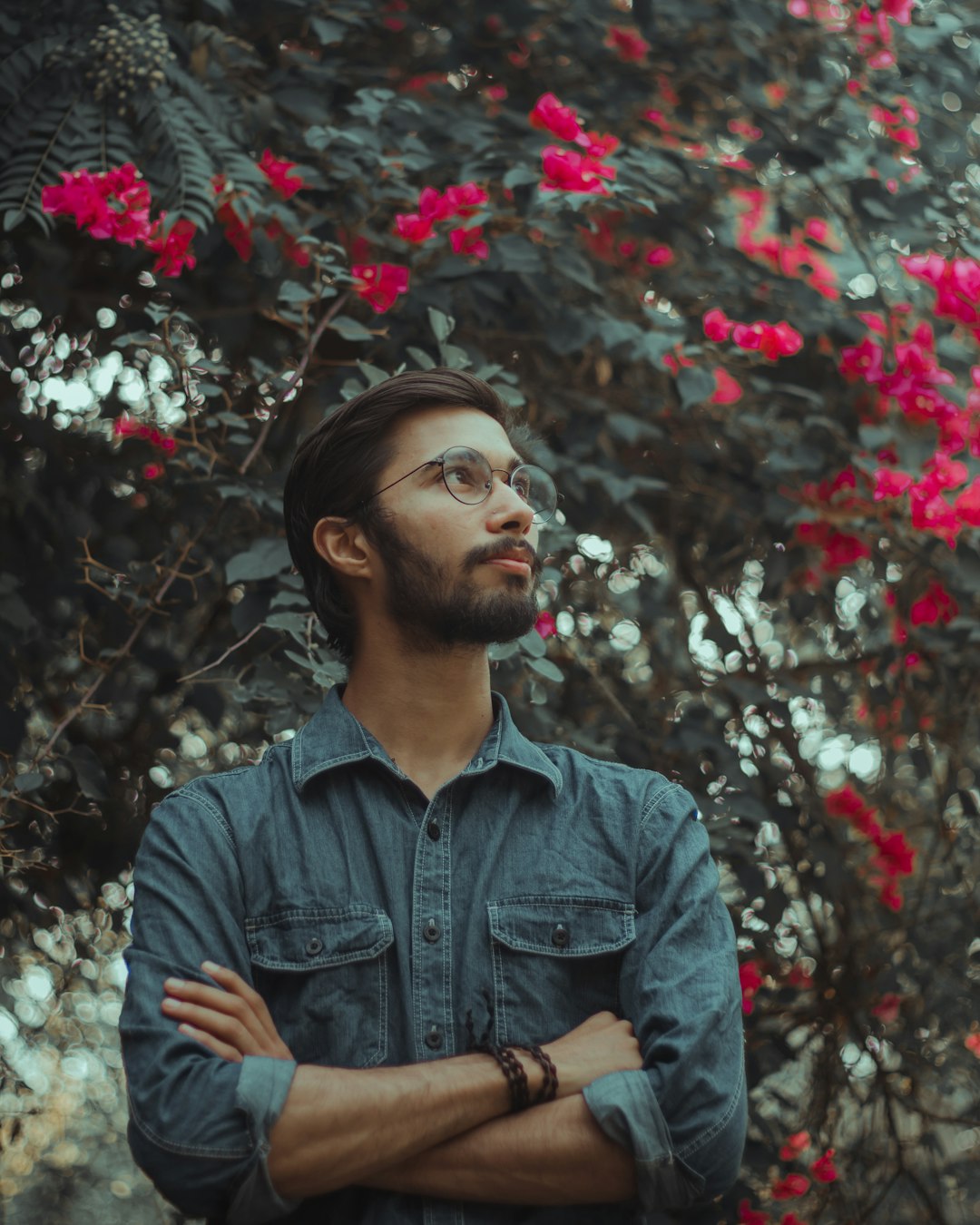 man in blue denim button up shirt standing near red flowers during daytime