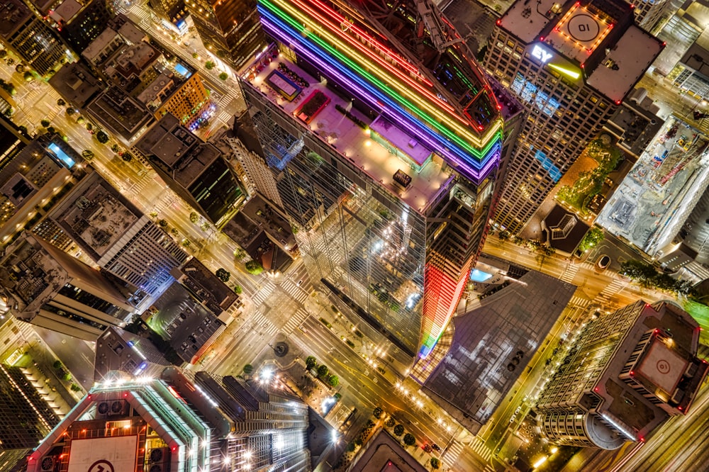 aerial view of city buildings during night time