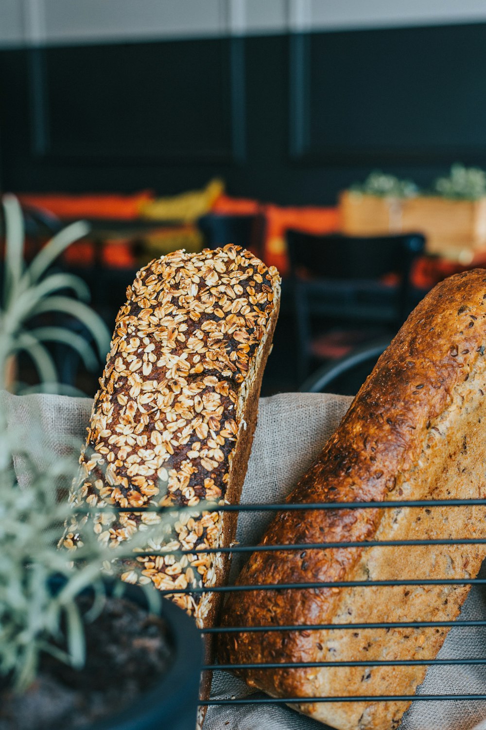 brown bread on blue and white table