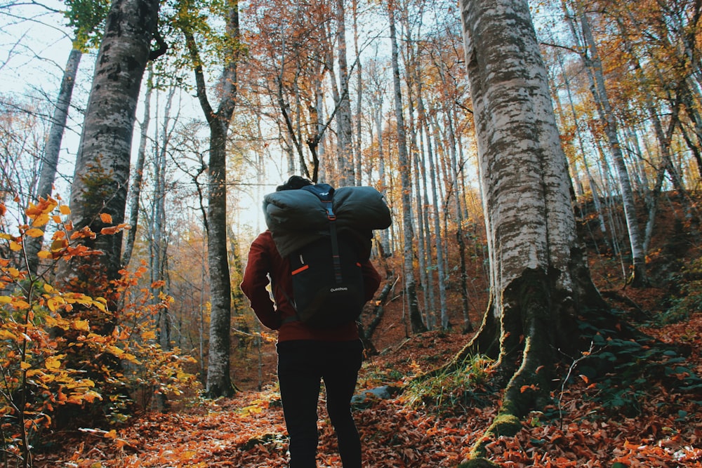 homem de jaqueta preta e calças pretas em pé na floresta