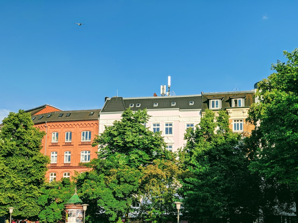 brown and white concrete building near green trees under blue sky during daytime