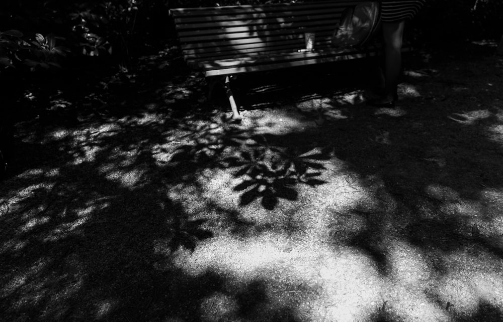 grayscale photo of a wooden bench