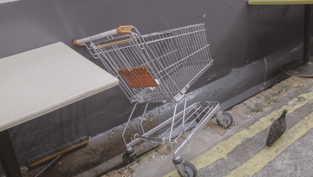 stainless steel shopping cart on gray concrete floor