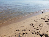 Golden sandy beach just steps from the guesthouse, waves gently rolling in.