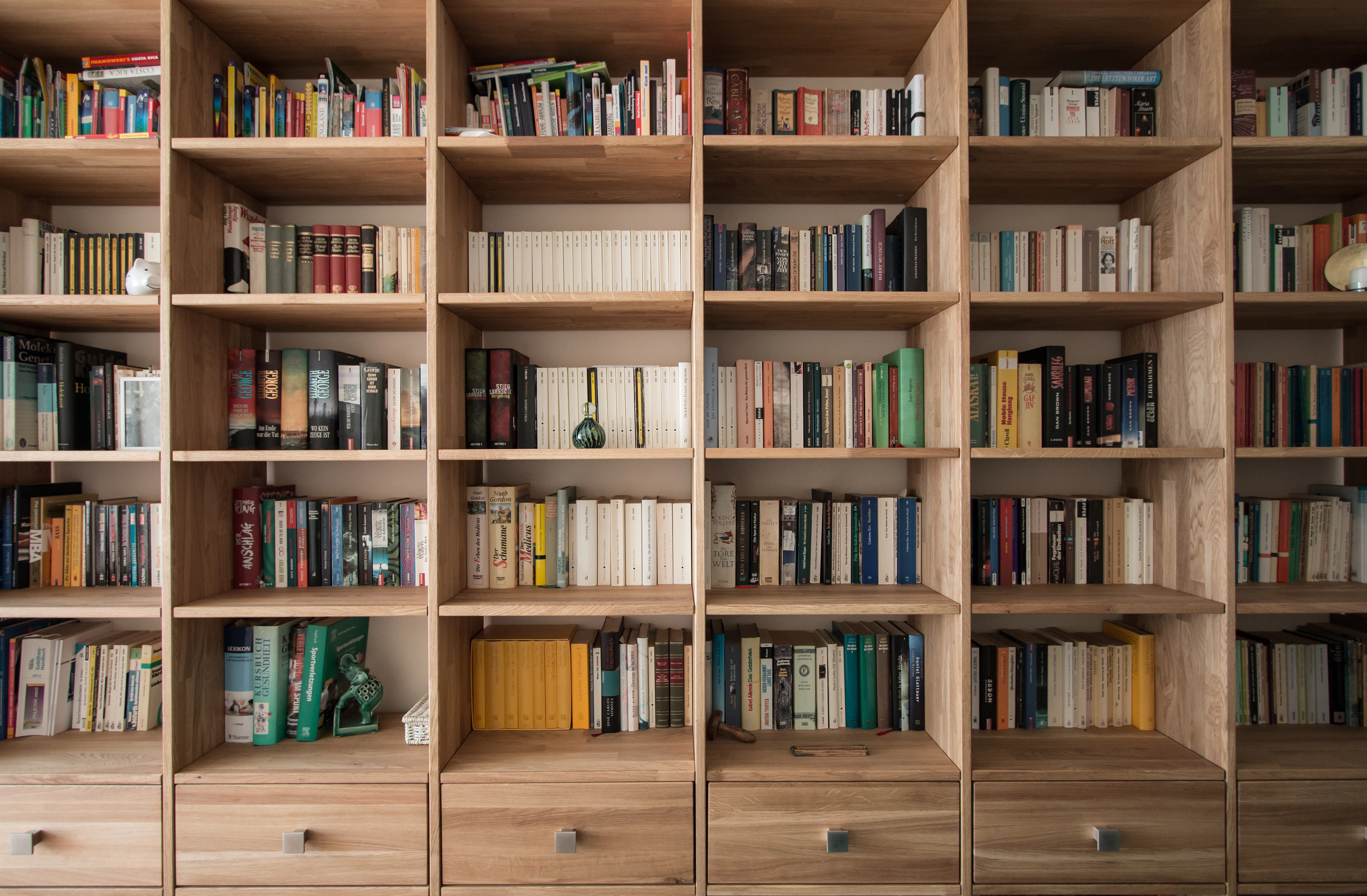 Books on brown wooden shelf