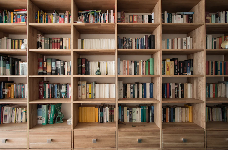 Pierpont bookcase — light wood built-in shelving with neutral-toned books