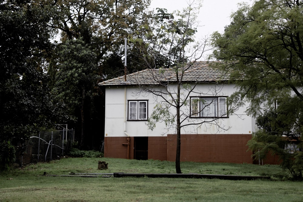 red and white concrete house near green trees during daytime