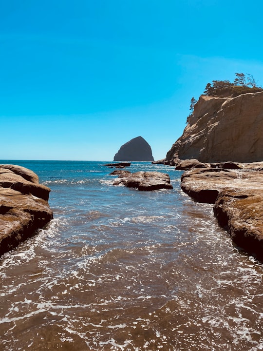 brown rocky mountain beside blue sea under blue sky during daytime in Haystack Rock United States