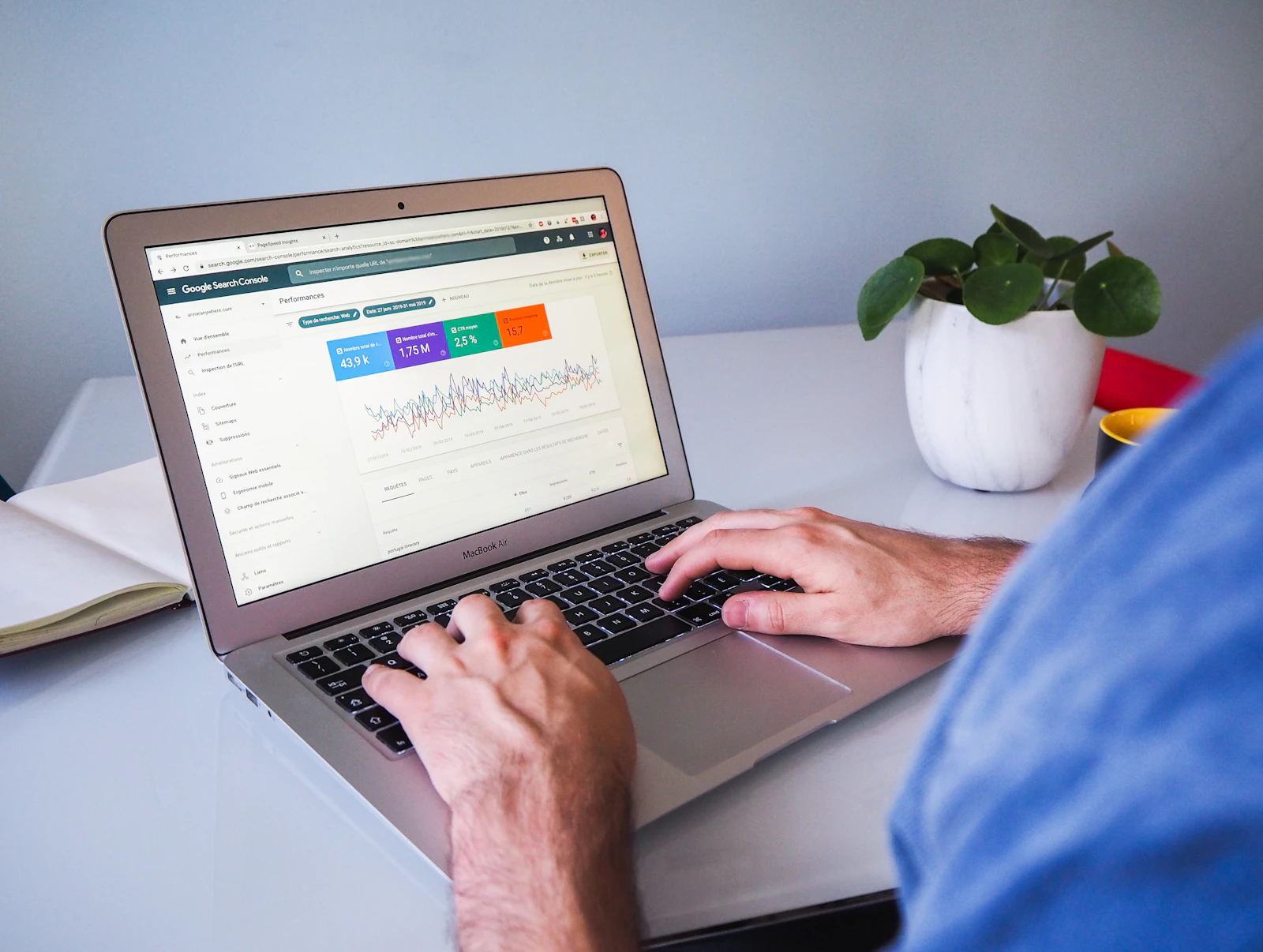 Google Search Console performance data on a laptop used to analyze affiliate SEO traffic