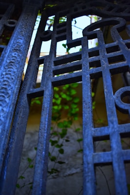 Intricately designed wrought iron bars with a geometric pattern are set against a backdrop where green foliage is visible through the gaps. The metal has a slightly weathered texture, suggesting age or exposure to elements.