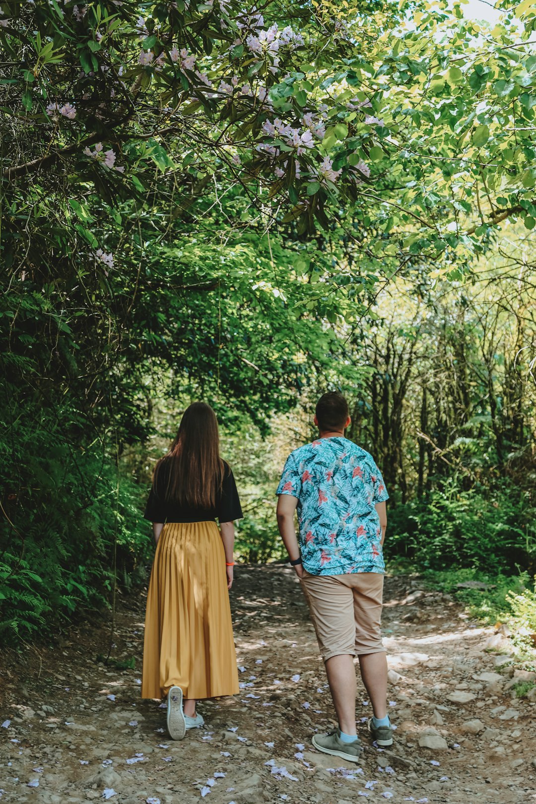 man and woman walking on forest during daytime