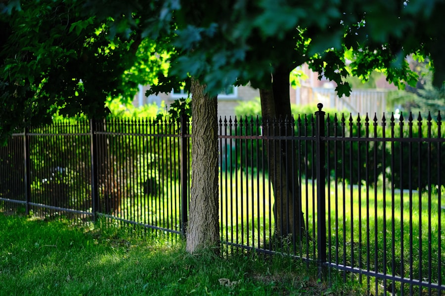 Black ornamental steel fence bordering a garden