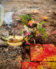 A colorful ritual setup is arranged on the ground. Fresh flowers, including pink and yellow blossoms, are placed next to green leaves. Nearby, several bananas rest on the soil with incense sticks burning, emitting smoke. Red and yellow powders are sprinkled across bricks laid in an orderly fashion.