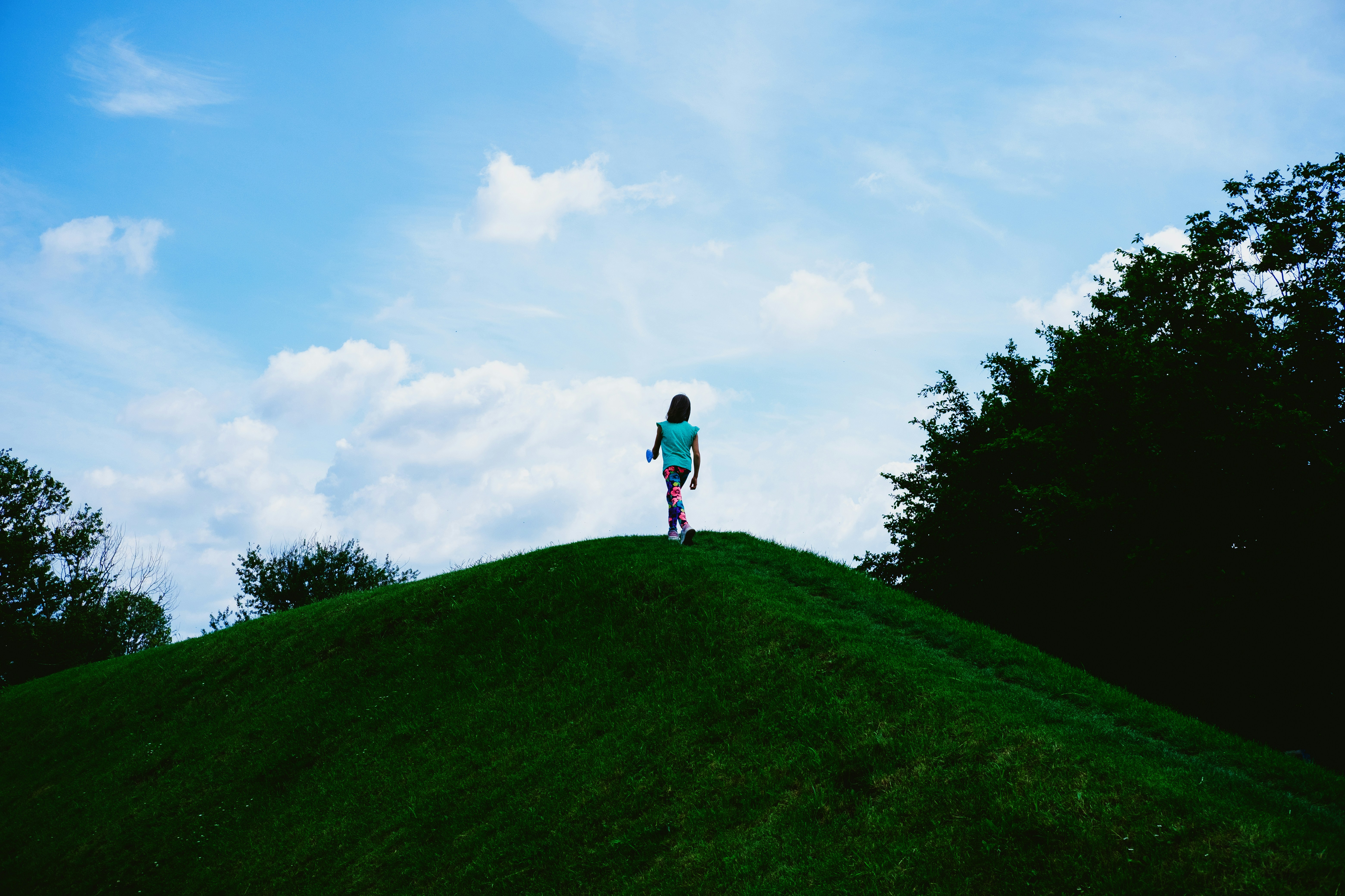 person in black jacket and blue denim jeans walking on green grass field under white clouds