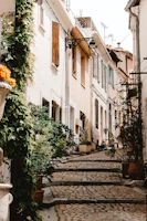 A sunlit cobblestone street in a quaint European village, with colorful flowers spilling from window boxes.