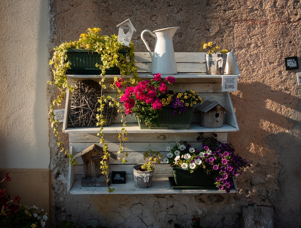 white wooden shelf with flowers