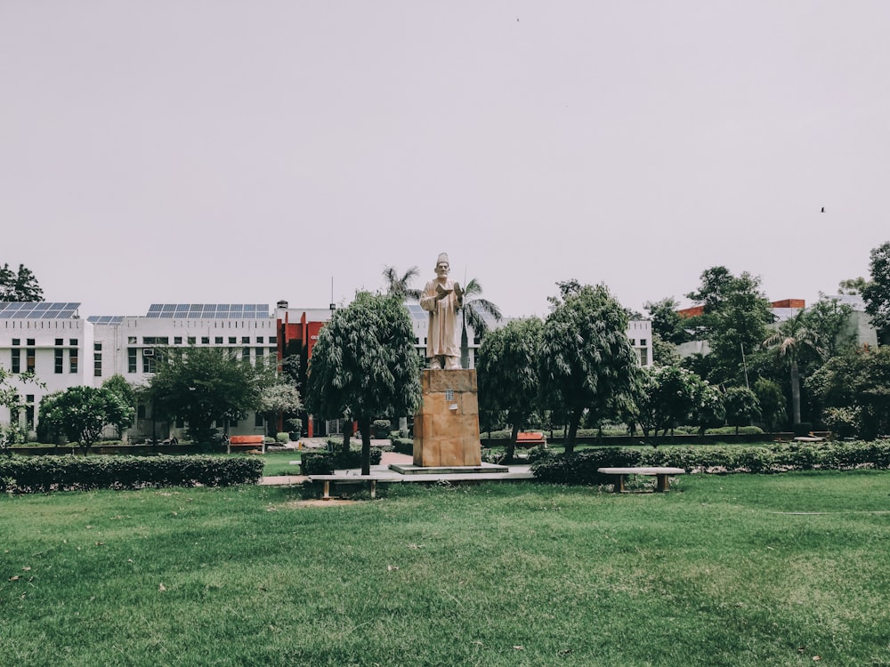 Statua marrone sul campo di erba verde durante il giorno