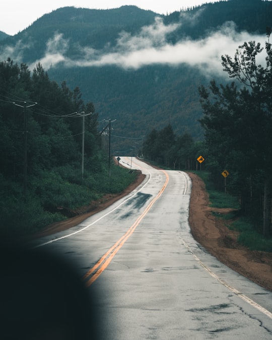 gray concrete road between green trees under white clouds during daytime in Grands-Jardins National Park Canada