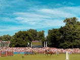 A large outdoor equestrian event is taking place in a field surrounded by thick green trees under a bright blue sky. A horse and rider are mid-jump over an obstacle, with a crowd of spectators in the background. Various flags are waving next to the stands, and a large screen displaying event information is visible.