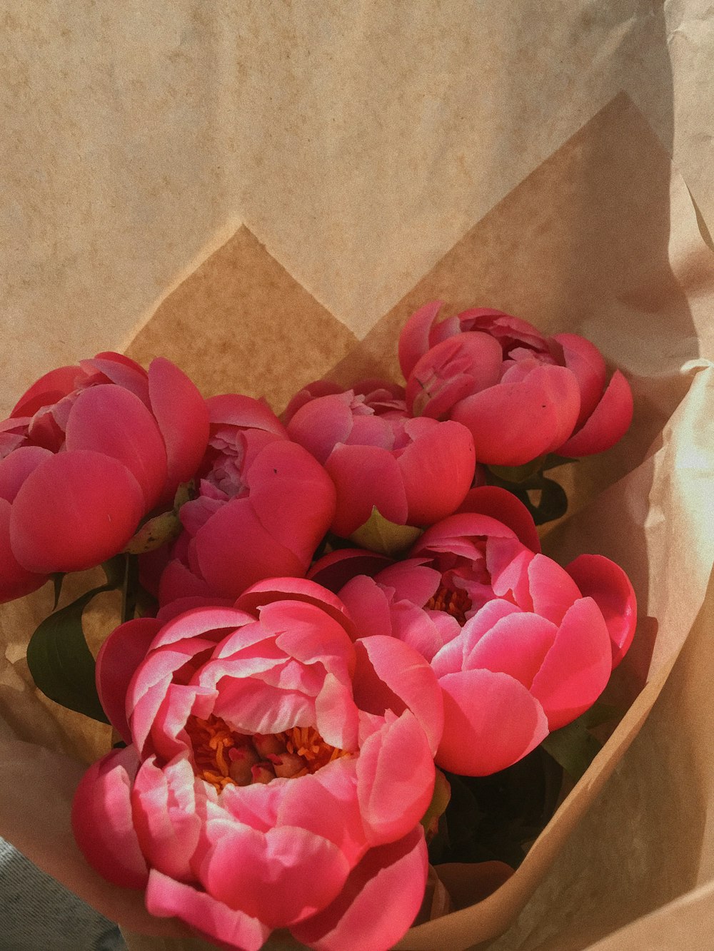 pink rose bouquet in brown paper bag