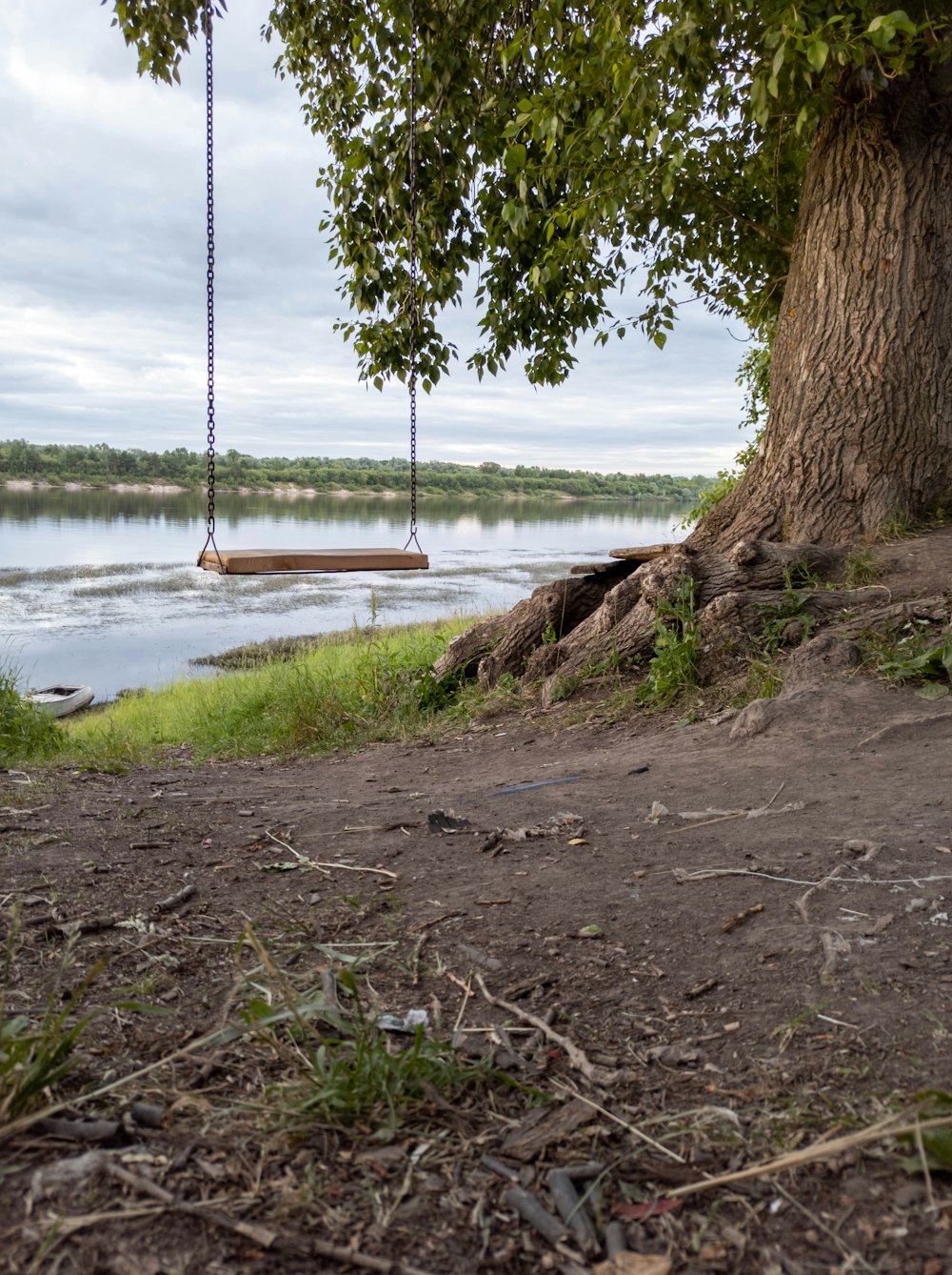 brown wooden swing on brown sand near body of water during daytime