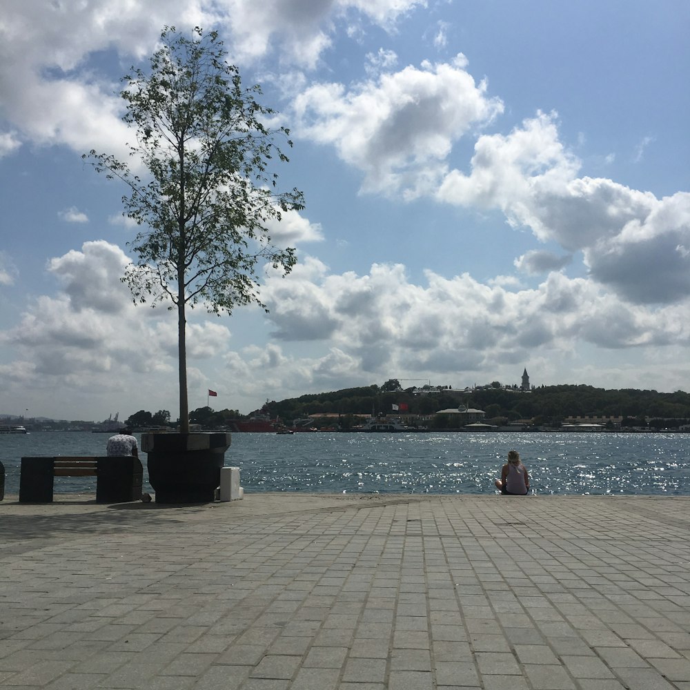 person sitting on bench near body of water during daytime