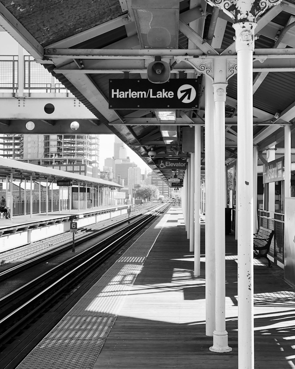 grayscale photo of train station