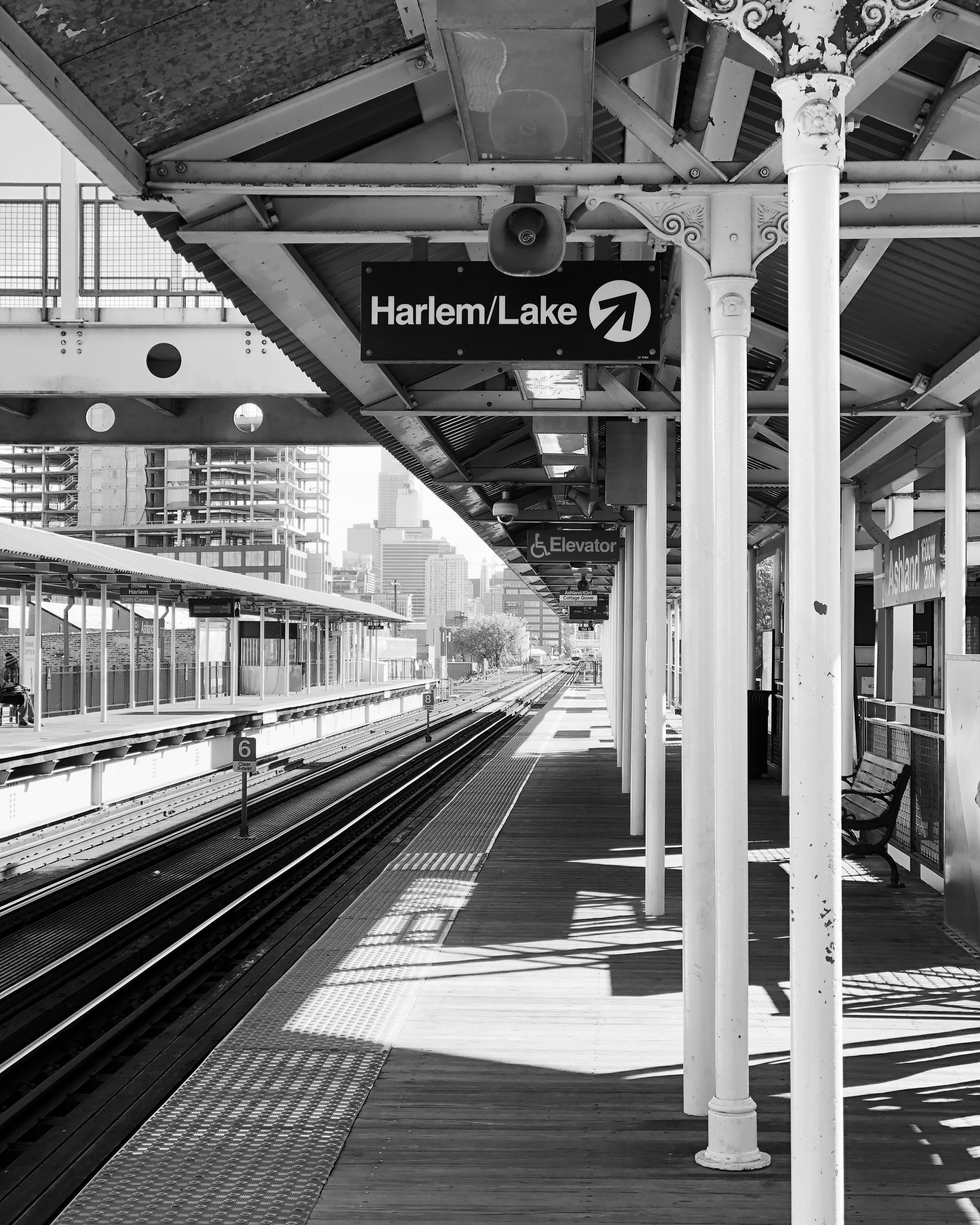 grayscale photo of train station