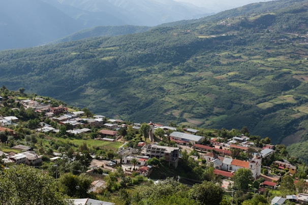 A scenic view of the village Katari surrounded by lush greenery.