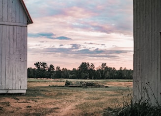 white wooden house on green grass field under cloudy sky during daytime