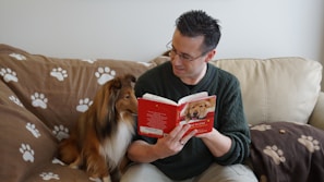 man in sweater holding a book, looking at brown and white dog