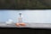 A vial of insulin and two syringes are placed on a wooden surface. The background features a blurred view of a lake and greenery, giving the scene a peaceful and serene outdoor setting.