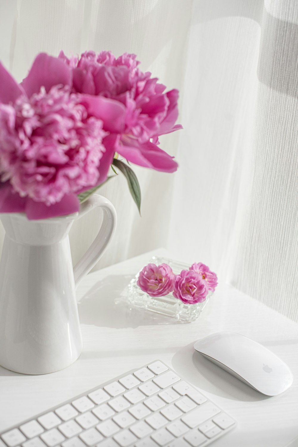 flores cor-de-rosa no vaso de cerâmica branco na mesa