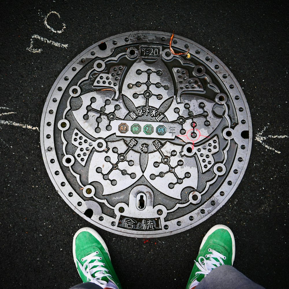 person wearing green and white socks standing on black and white round rug