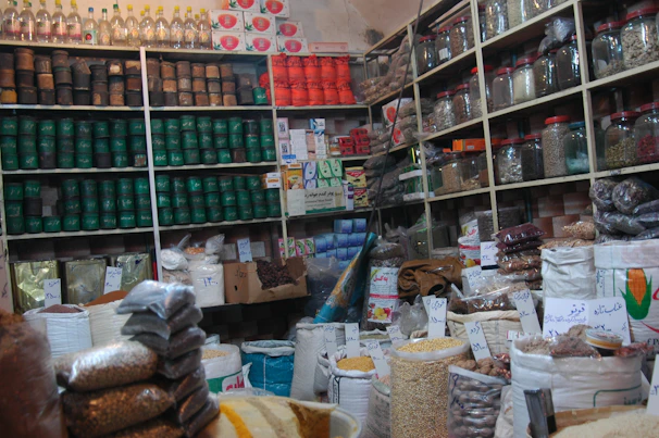 Colorful assortment of international products displayed on shelves.