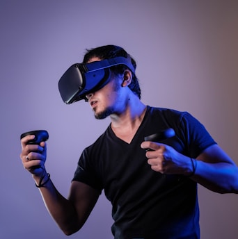 man in black using VR representing high-tech video production company