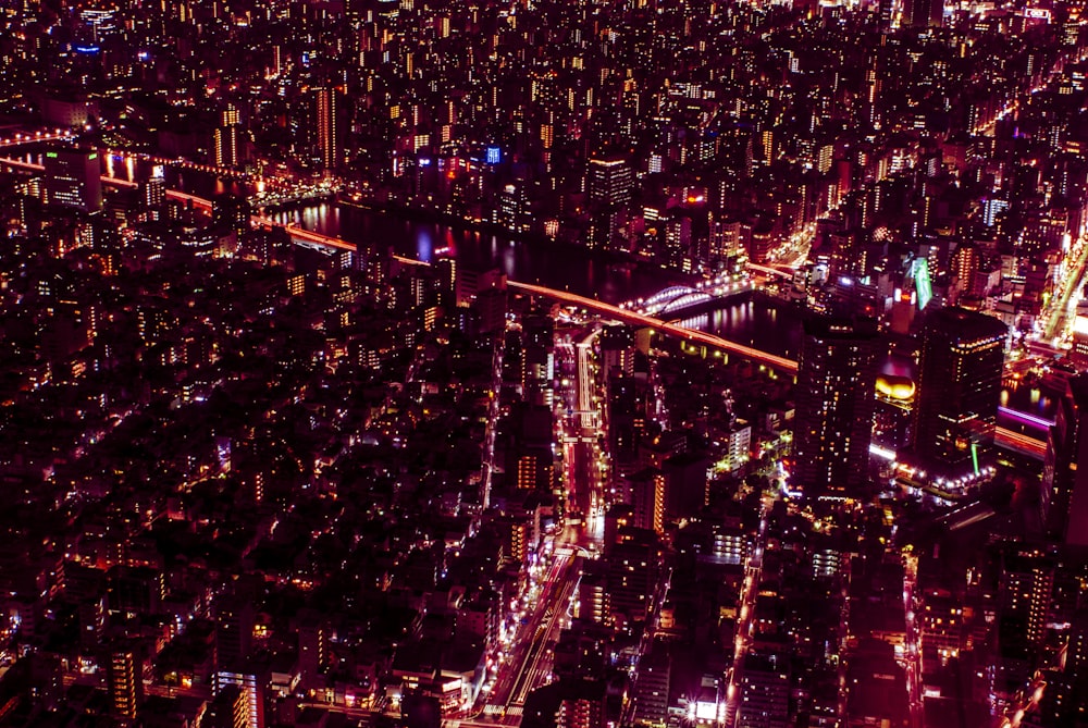 aerial view of city during night time