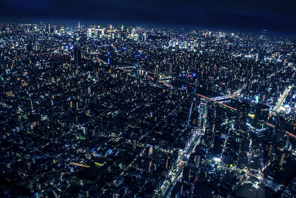 aerial view of city during night time