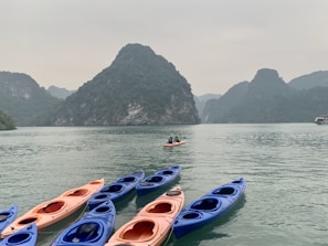 Several kayaks are floating on calm water with a backdrop of large, lush green mountains under an overcast sky. Two people in a kayak are paddling towards the mountains.