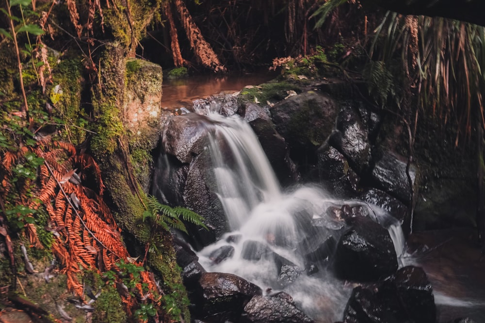 water falls on brown rocky mountain