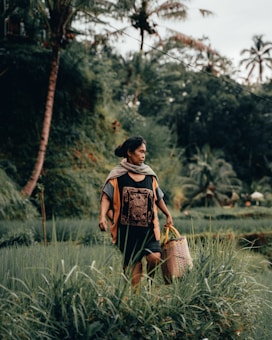 A person walks through a lush, green rice field, surrounded by tall grass and tropical plants. They carry a woven basket and wear a patterned shirt and a wrap over their shoulders. The background features blurred palm trees and a rich green landscape.