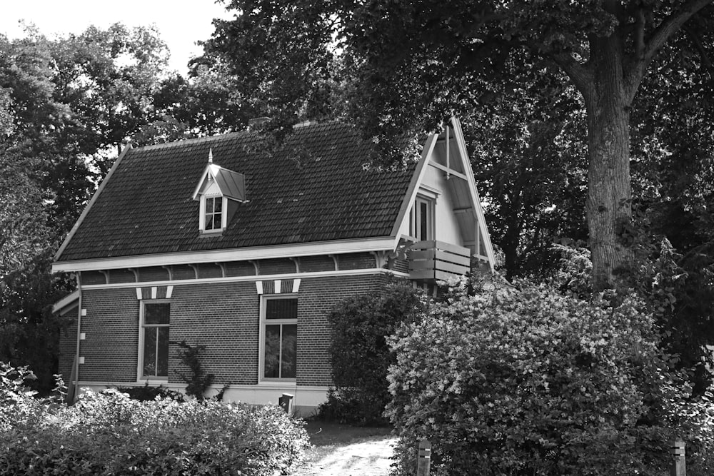 grayscale photo of house near trees