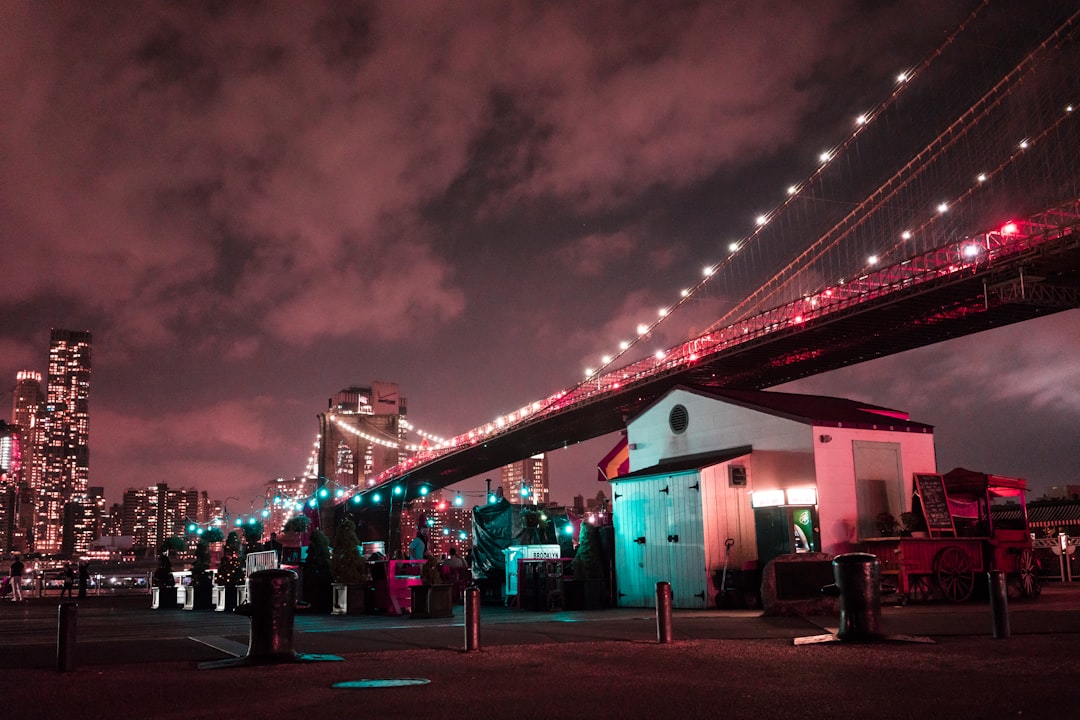 red bridge over the city during night time