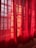 Red curtains partially drawn, allowing sunlight to filter through, creating patterns of light and shadow on the fabric. The material has a slightly translucent quality, revealing a hint of the scene beyond.