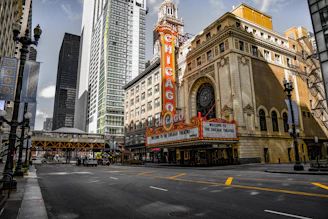 A vibrant street scene showcasing historic Chicago architecture alongside modern townhouses.