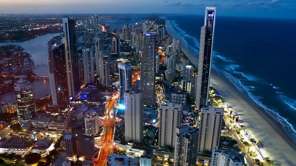 aerial view of city buildings during night time