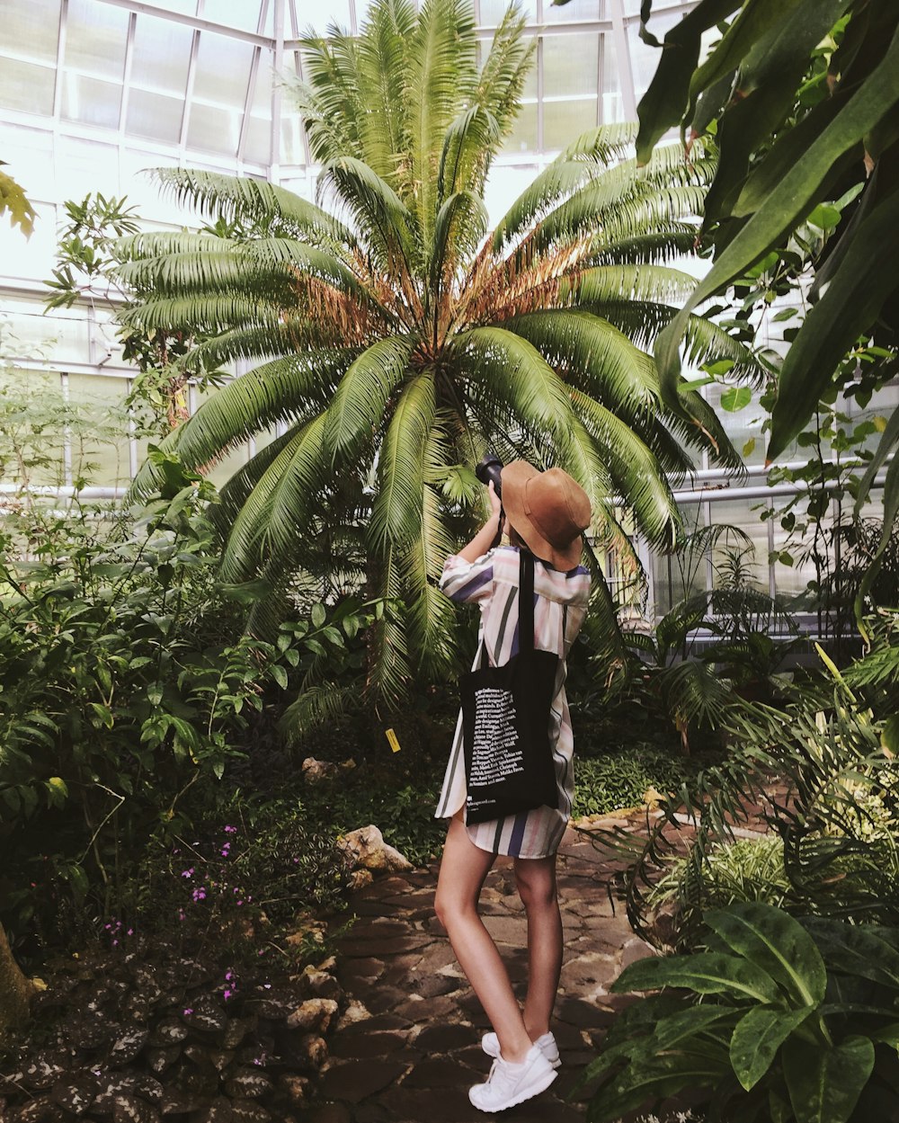 woman in black and white dress standing near green palm tree during daytime