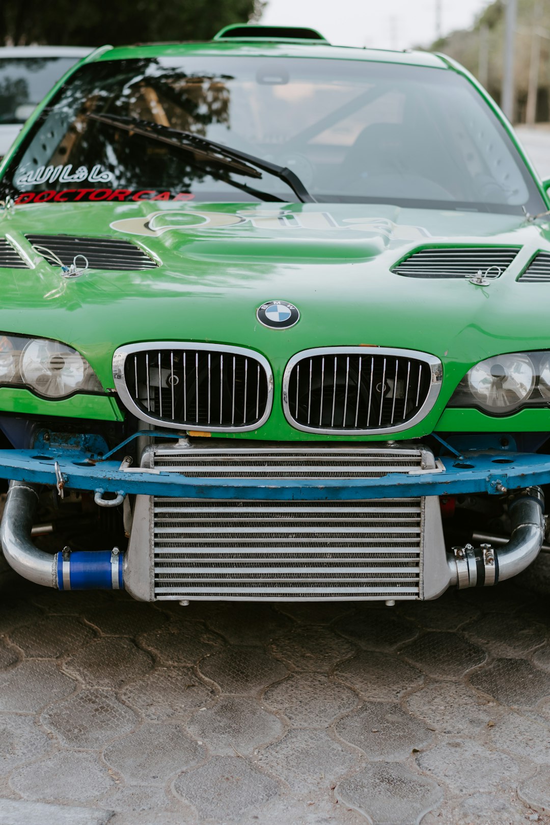 green and blue vintage car