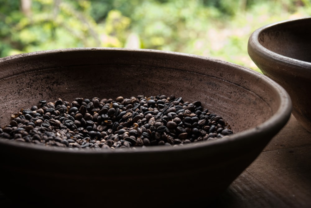 茶色のセラミックボウルに黒い丸い果物